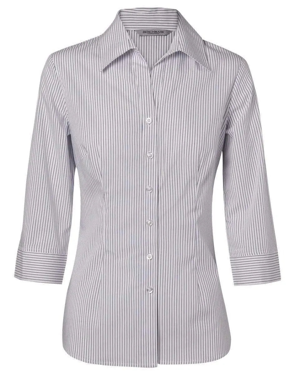 BENCHMARK Women's Ticking Stripe 3/4 Sleeve Shirt M8200Q Corporate Wear Benchmark White/Blue 6
